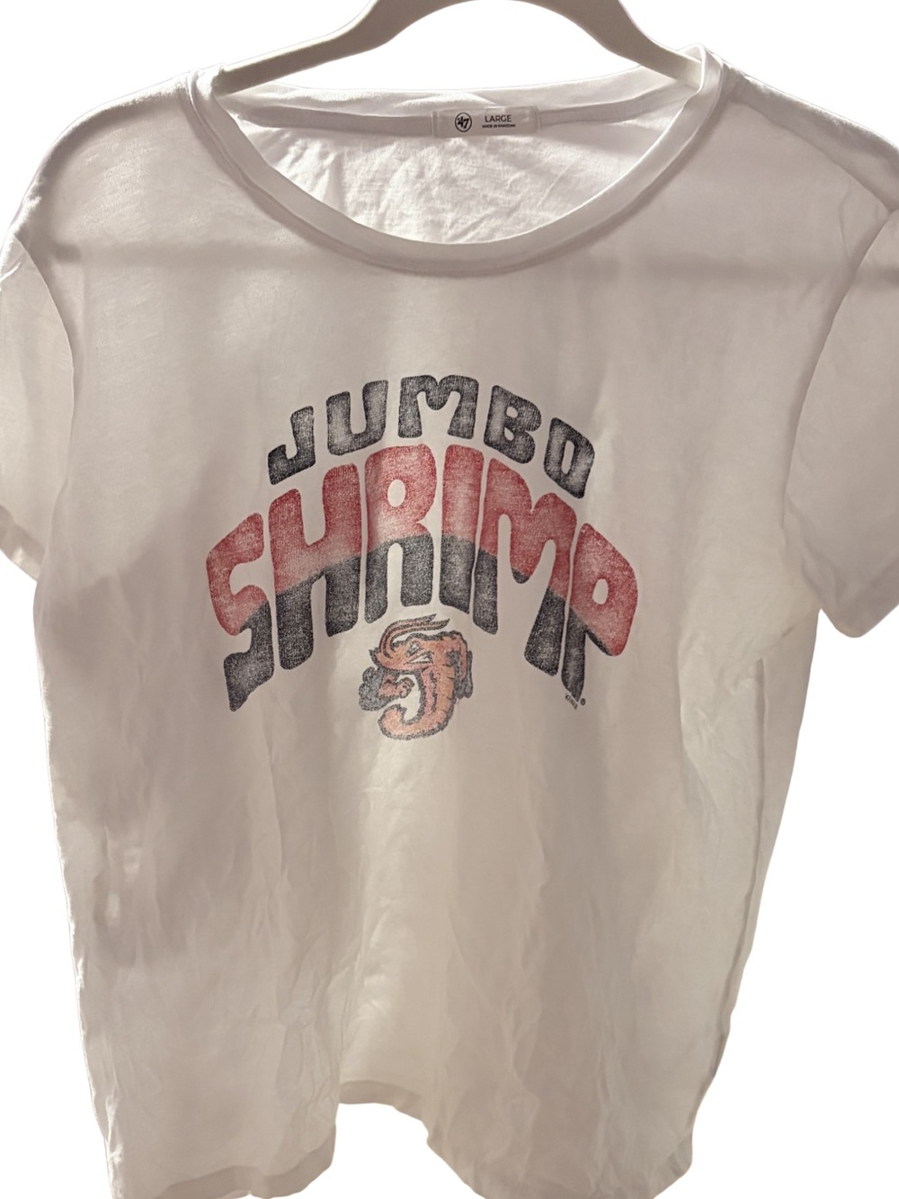 47 White Tee with Jacksonville Jumbo Shrimp Graphic, Large 100% cotton